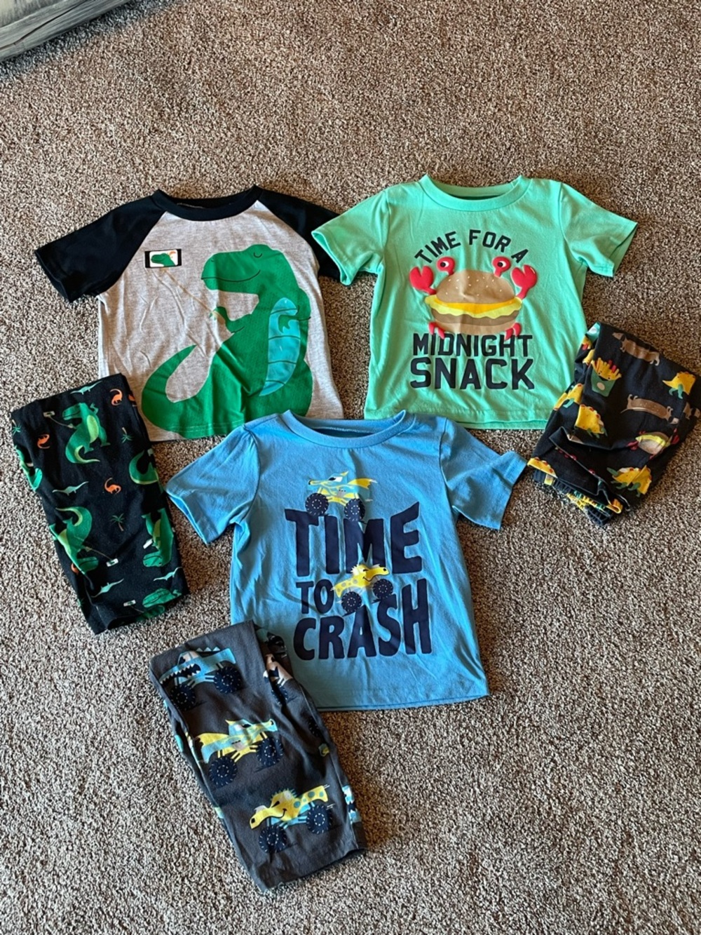 Kids Pajama Set - Blue & Green Dino and Snack Tops with Printed Pants